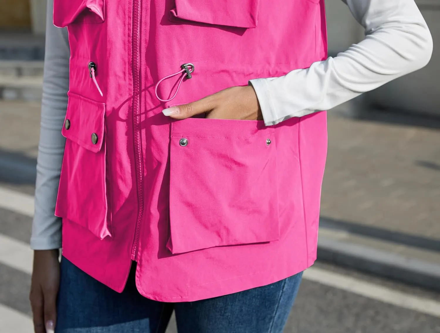 PESION Womens Packable Military Utility Vests Outerwear Waterproof Windbreaker Jacket Cargo Vest with Removable Hood
