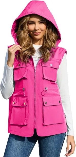 PESION Womens Packable Military Utility Vests Outerwear Waterproof Windbreaker Jacket Cargo Vest with Removable Hood