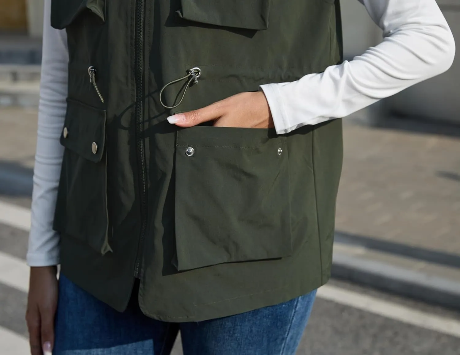 PESION Womens Packable Military Utility Vests Outerwear Waterproof Windbreaker Jacket Cargo Vest with Removable Hood
