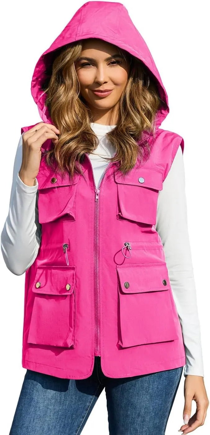 PESION Womens Packable Military Utility Vests Outerwear Waterproof Windbreaker Jacket Cargo Vest with Removable Hood