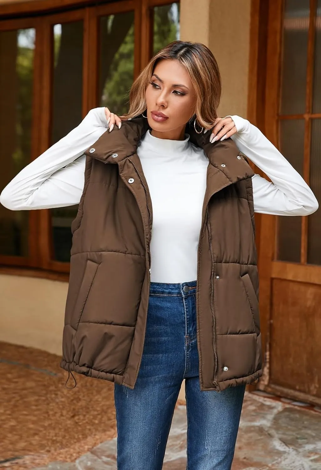 Pink Queen Womens Oversized Quilted Puffer Vest Casual Loose Sleeveless Stand Collar Zip Up Fall Winter Warm Outerwear Jacket
