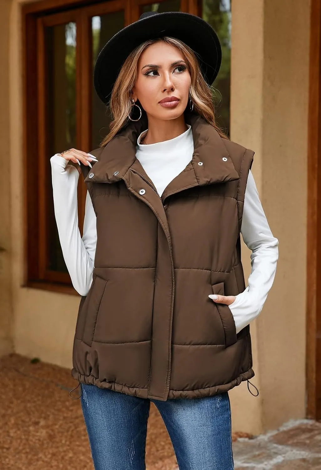 Pink Queen Womens Oversized Quilted Puffer Vest Casual Loose Sleeveless Stand Collar Zip Up Fall Winter Warm Outerwear Jacket