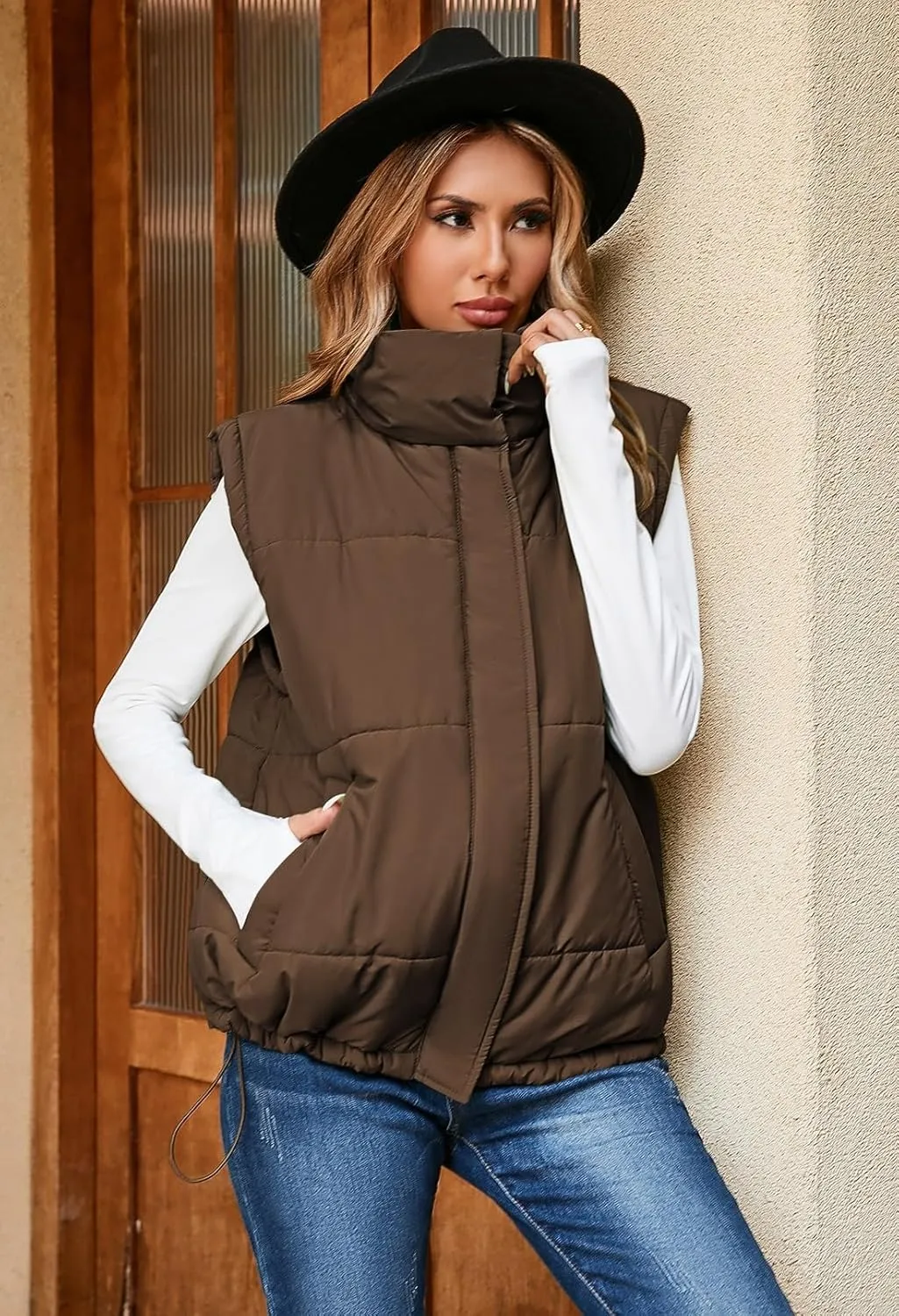 Pink Queen Womens Oversized Quilted Puffer Vest Casual Loose Sleeveless Stand Collar Zip Up Fall Winter Warm Outerwear Jacket