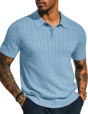 PJ PAUL JONES Mens Knit Polo Shirt Short Sleeve Hollow Out Knit Shirt Texture Knitted Polo