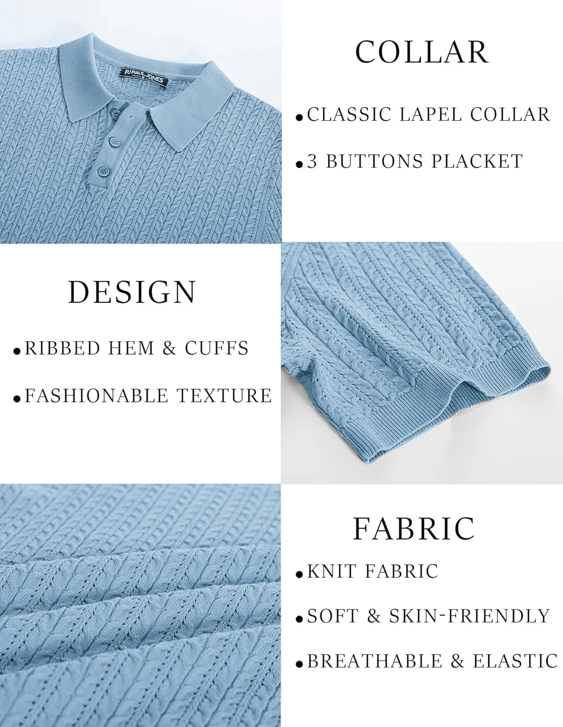 PJ PAUL JONES Mens Knit Polo Shirt Short Sleeve Hollow Out Knit Shirt Texture Knitted Polo