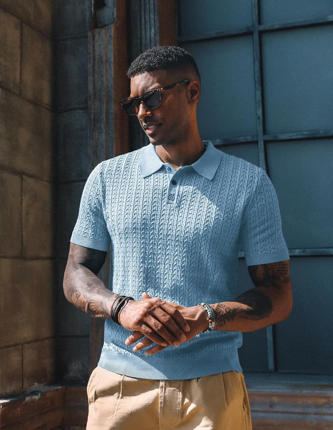 PJ PAUL JONES Mens Knit Polo Shirt Short Sleeve Hollow Out Knit Shirt Texture Knitted Polo