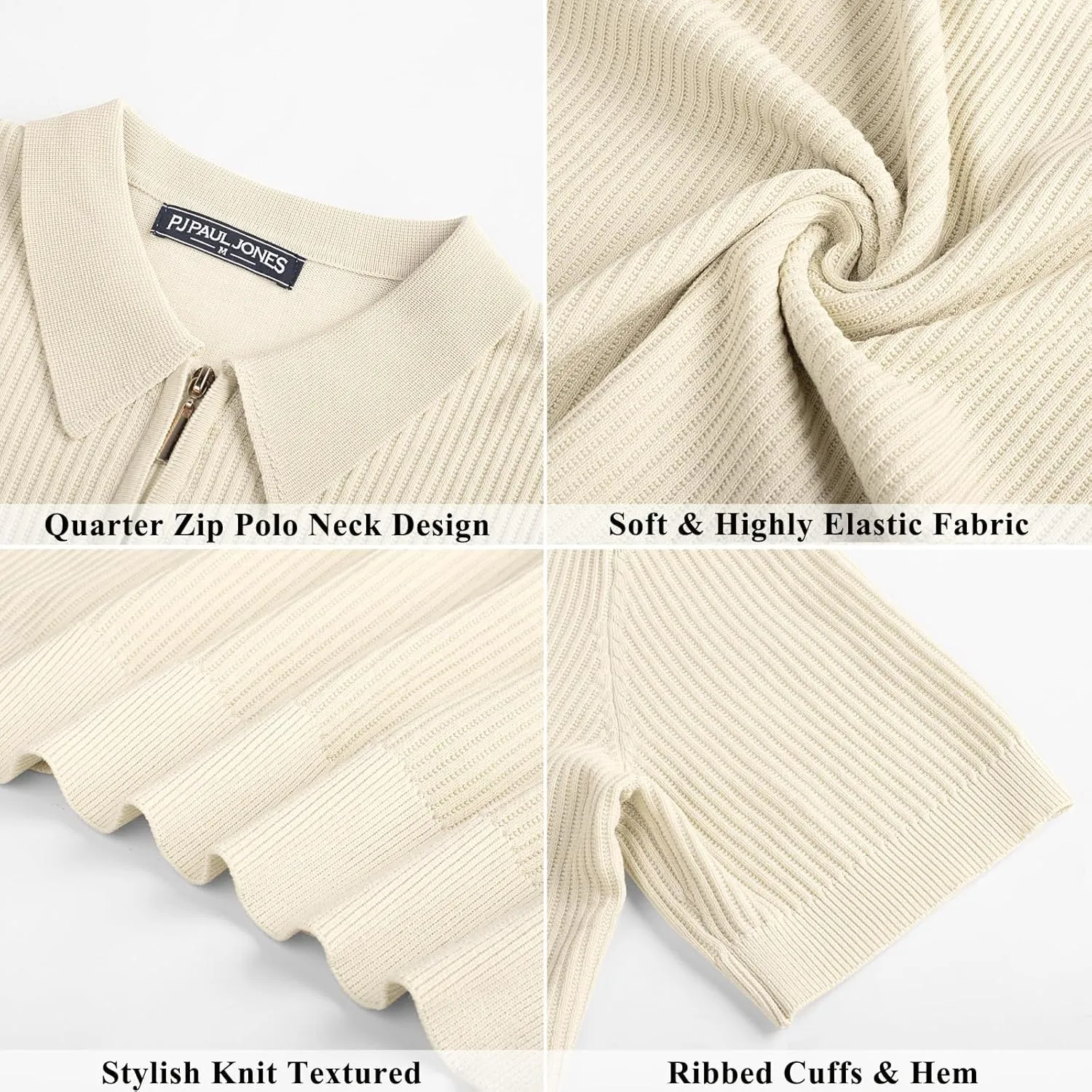 PJ PAUL JONES Men's Zipper Polo Shirt Textured Casual Knit Short Sleeve Polo T Shirt