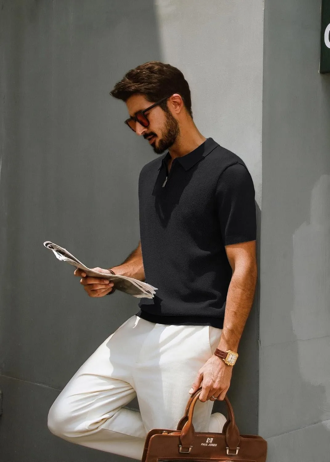 PJ PAUL JONES Men's Zipper Polo Shirt Textured Casual Knit Short Sleeve Polo T Shirt