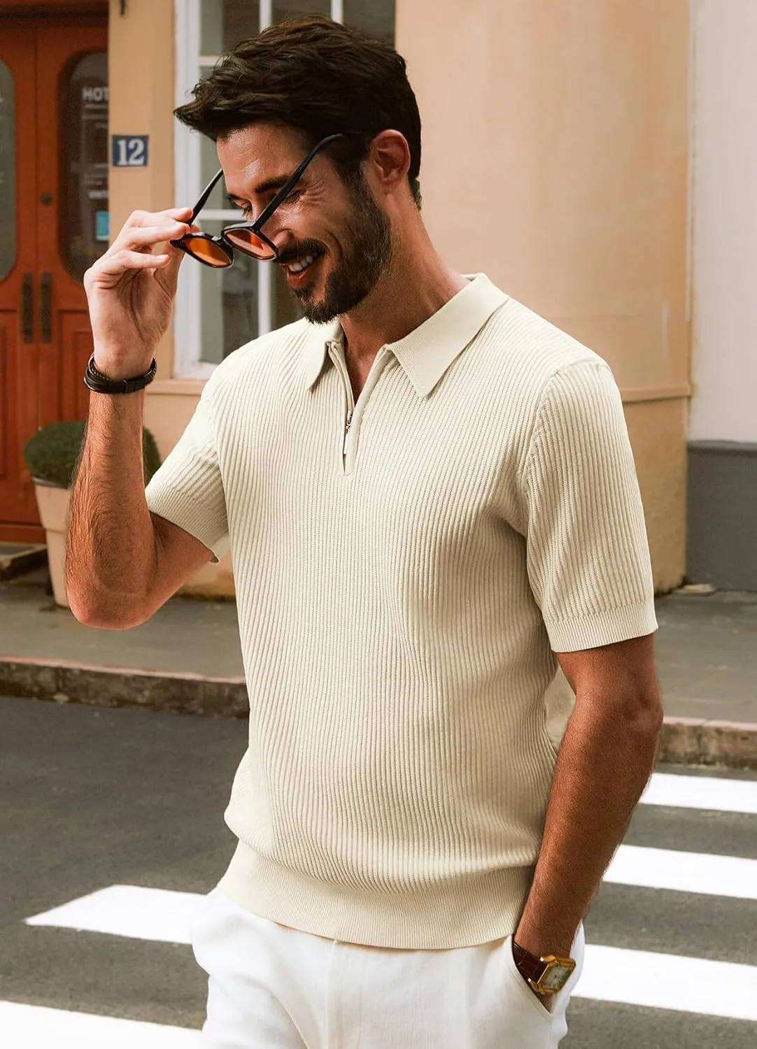 PJ PAUL JONES Men's Zipper Polo Shirt Textured Casual Knit Short Sleeve Polo T Shirt