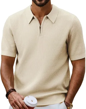 PJ PAUL JONES Men's Zipper Polo Shirt Textured Casual Knit Short Sleeve Polo T Shirt