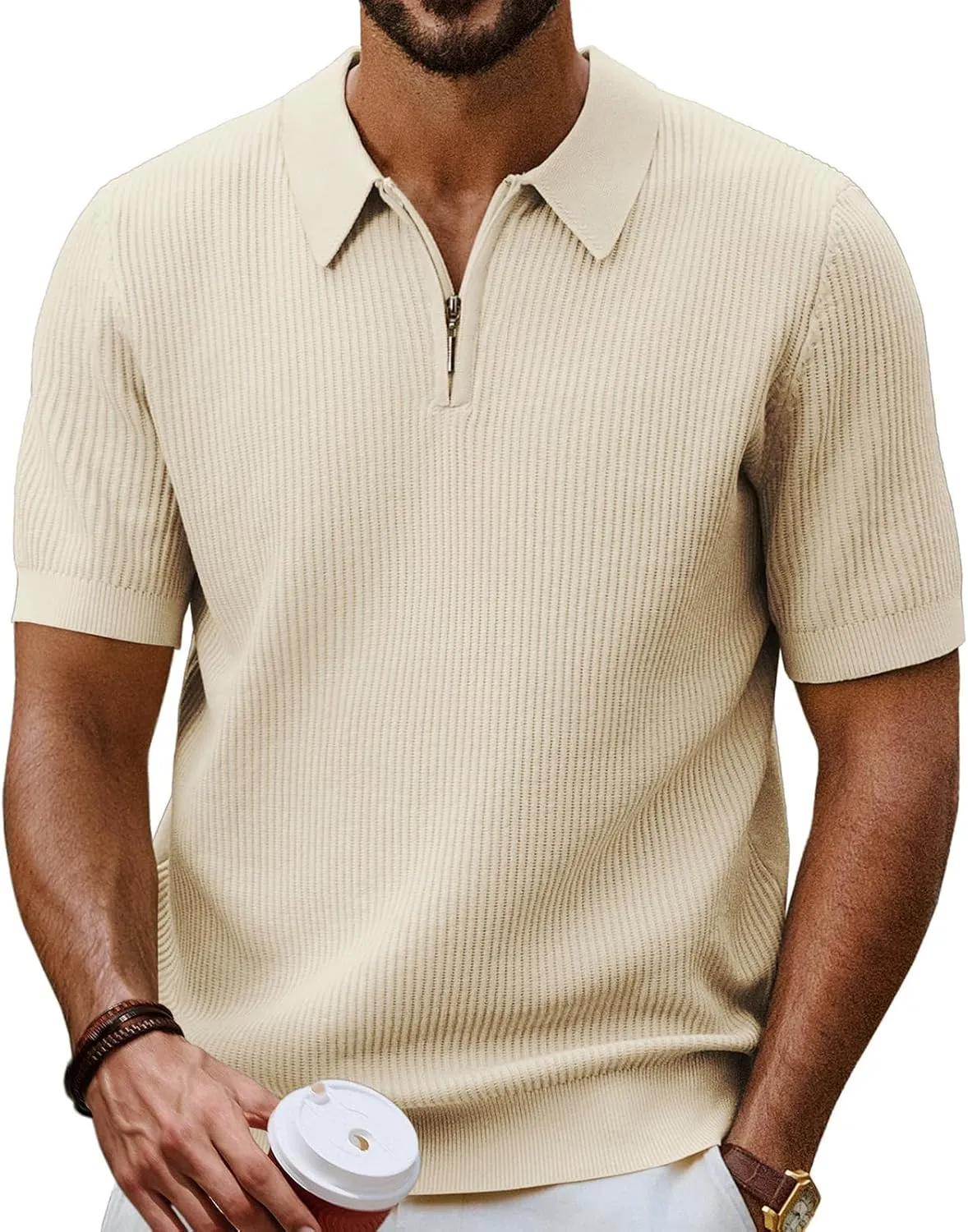 PJ PAUL JONES Men's Zipper Polo Shirt Textured Casual Knit Short Sleeve Polo T Shirt