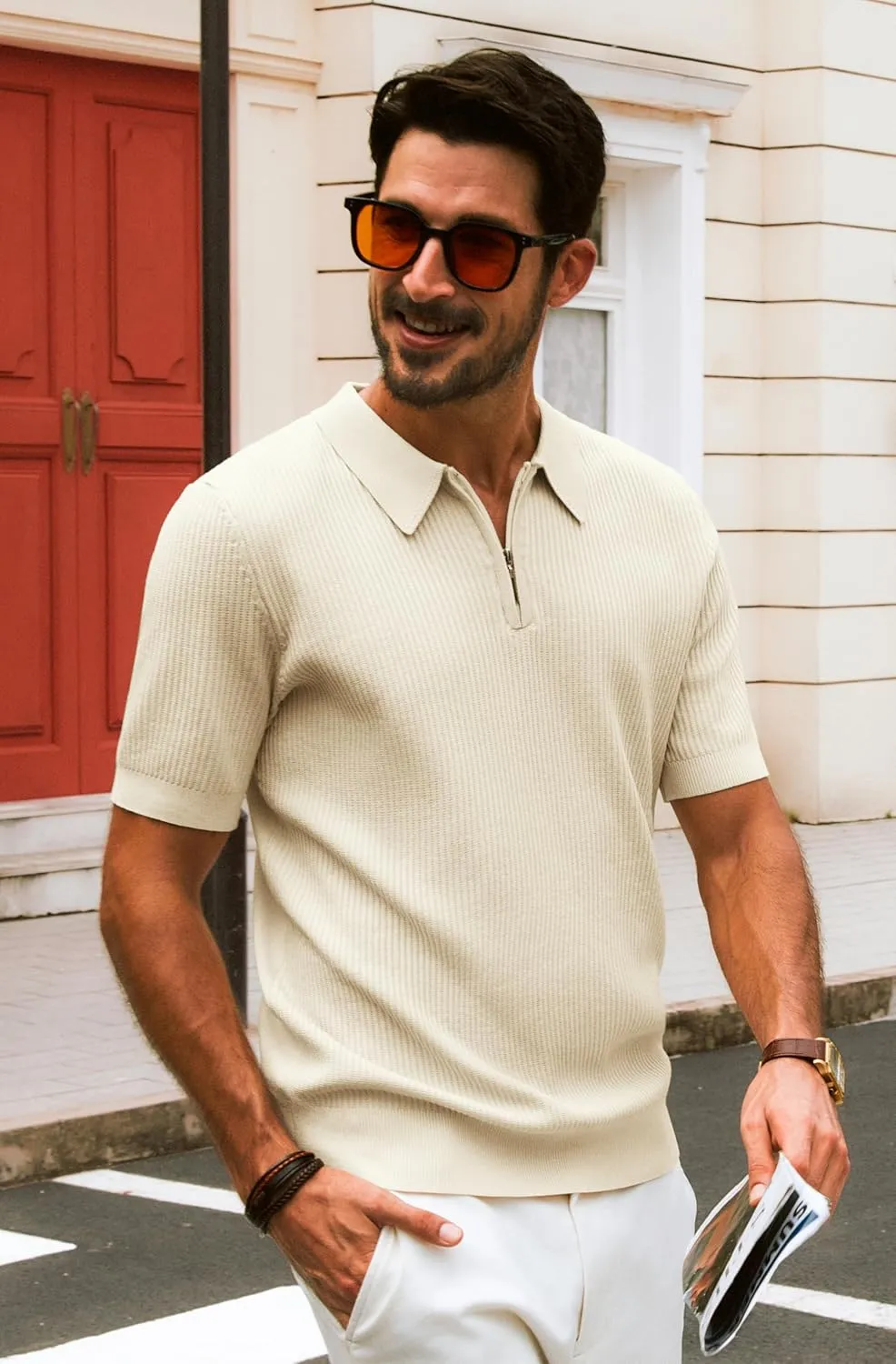 PJ PAUL JONES Men's Zipper Polo Shirt Textured Casual Knit Short Sleeve Polo T Shirt
