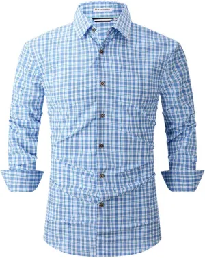 Plaid Shirt Men Mens Button Down Shirts Wrinkle Free 4-Way Stretch Print Business Casual Dress M-2XL