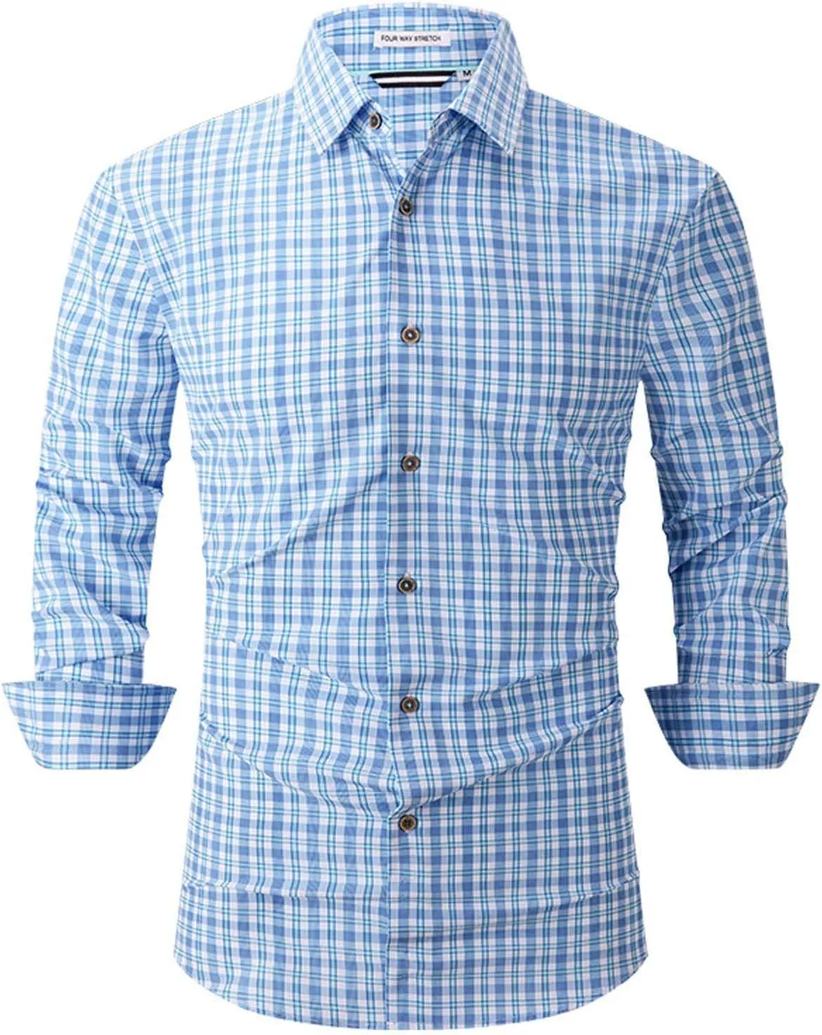 Plaid Shirt Men Mens Button Down Shirts Wrinkle Free 4-Way Stretch Print Business Casual Dress M-2XL
