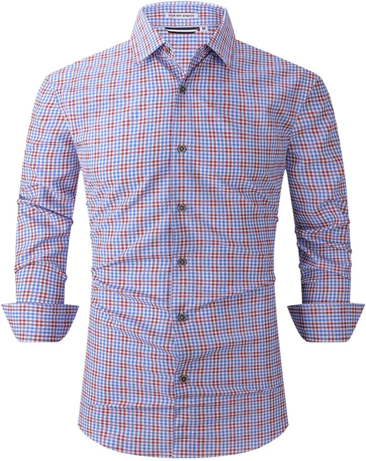 Plaid Shirt Men Mens Button Down Shirts Wrinkle Free 4-Way Stretch Print Business Casual Dress M-2XL