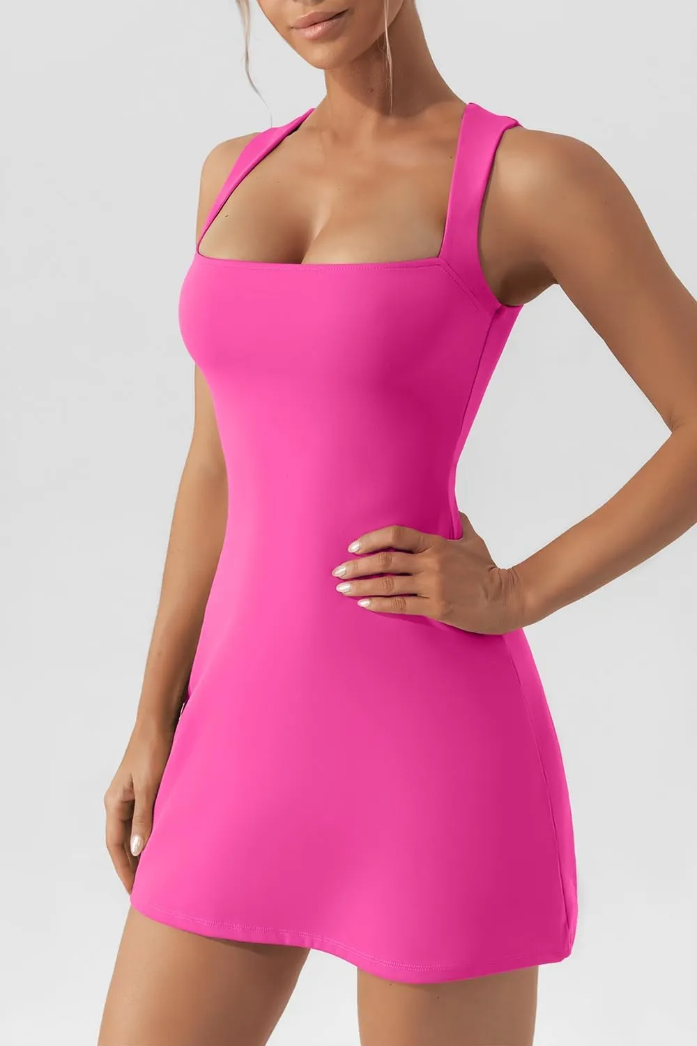 QINSEN Women's Square Neck Bodice Dress Sleeveless Tank Top Stretch Flare Mini Dresses