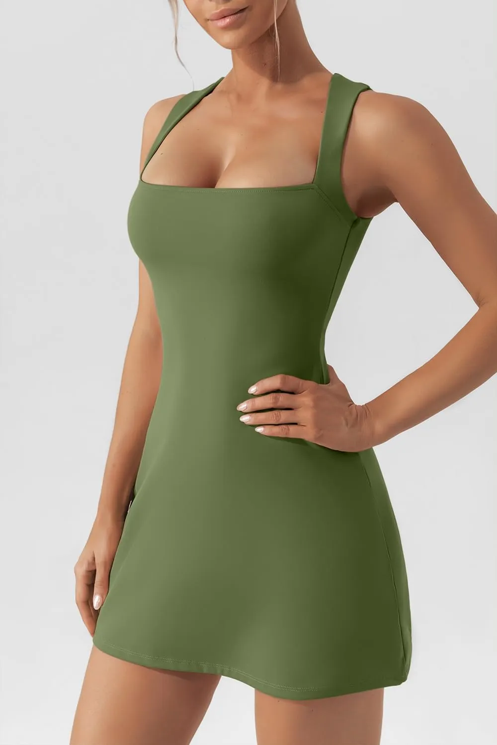 QINSEN Women's Square Neck Bodice Dress Sleeveless Tank Top Stretch Flare Mini Dresses