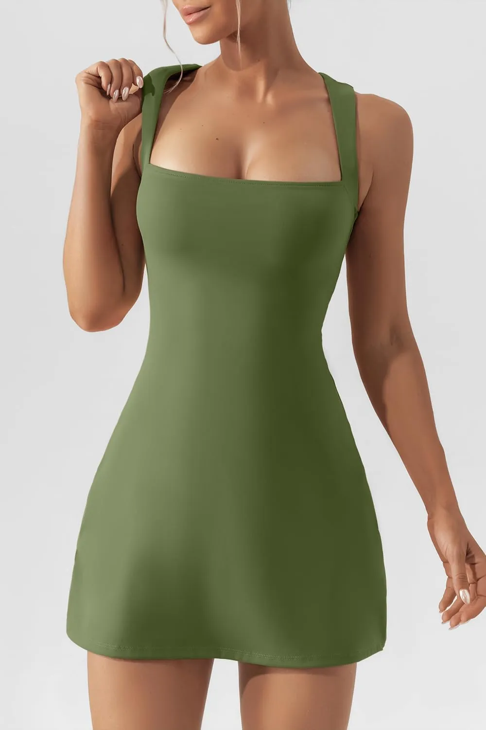 QINSEN Women's Square Neck Bodice Dress Sleeveless Tank Top Stretch Flare Mini Dresses