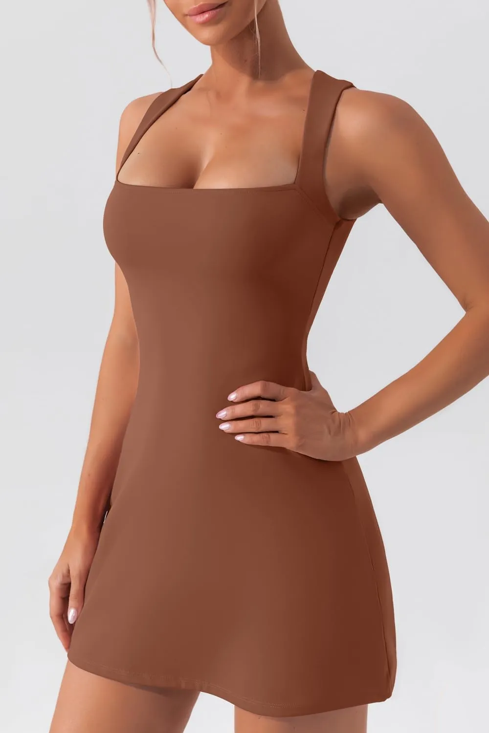 QINSEN Women's Square Neck Bodice Dress Sleeveless Tank Top Stretch Flare Mini Dresses