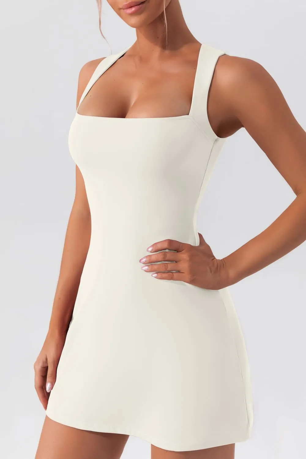 QINSEN Women's Square Neck Bodice Dress Sleeveless Tank Top Stretch Flare Mini Dresses