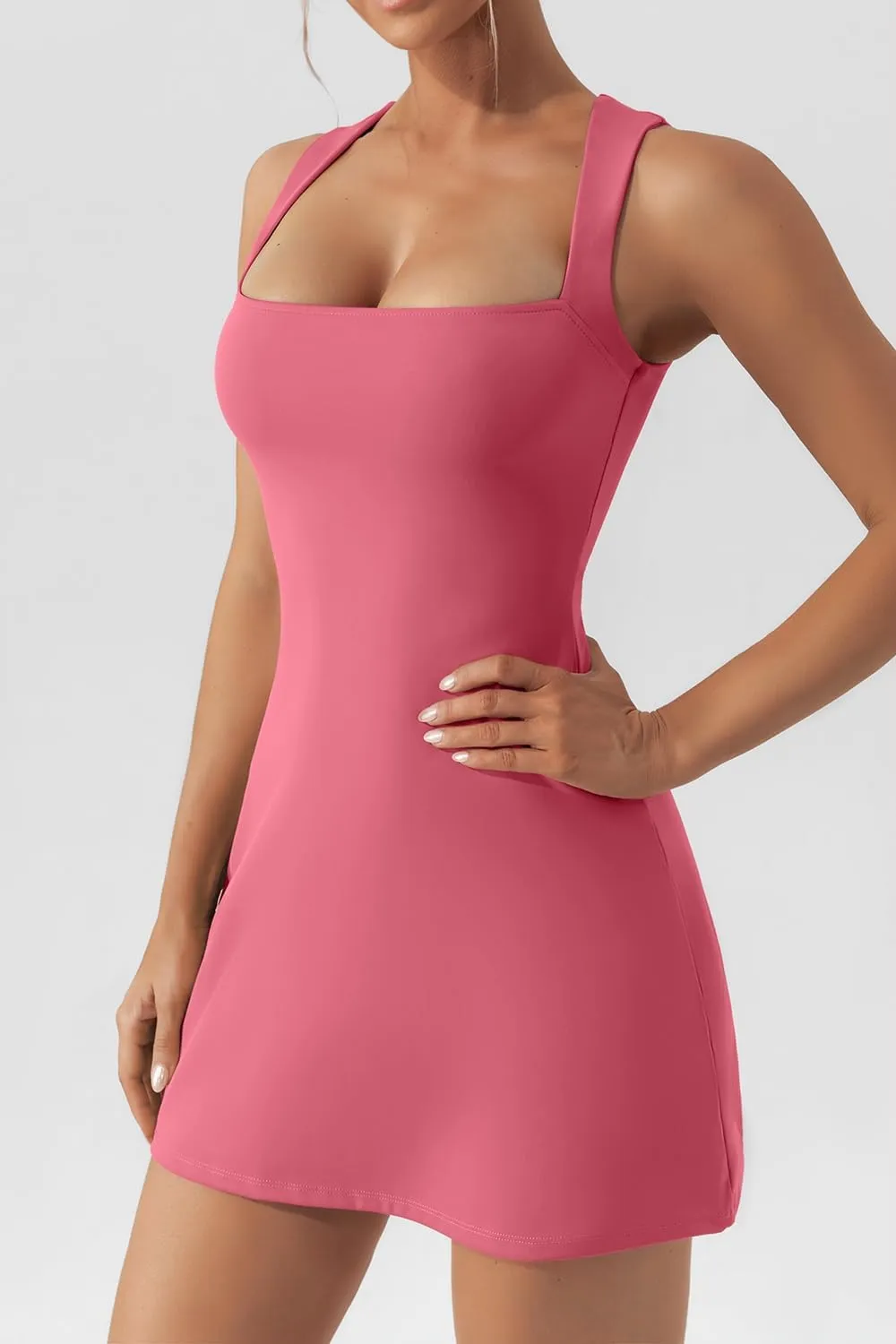 QINSEN Women's Square Neck Bodice Dress Sleeveless Tank Top Stretch Flare Mini Dresses