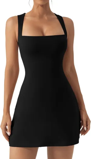 QINSEN Women's Square Neck Bodice Dress Sleeveless Tank Top Stretch Flare Mini Dresses