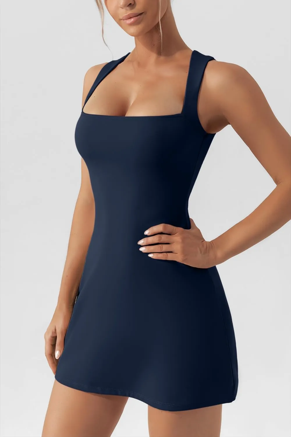 QINSEN Women's Square Neck Bodice Dress Sleeveless Tank Top Stretch Flare Mini Dresses