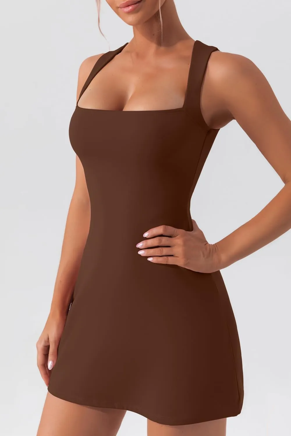 QINSEN Women's Square Neck Bodice Dress Sleeveless Tank Top Stretch Flare Mini Dresses