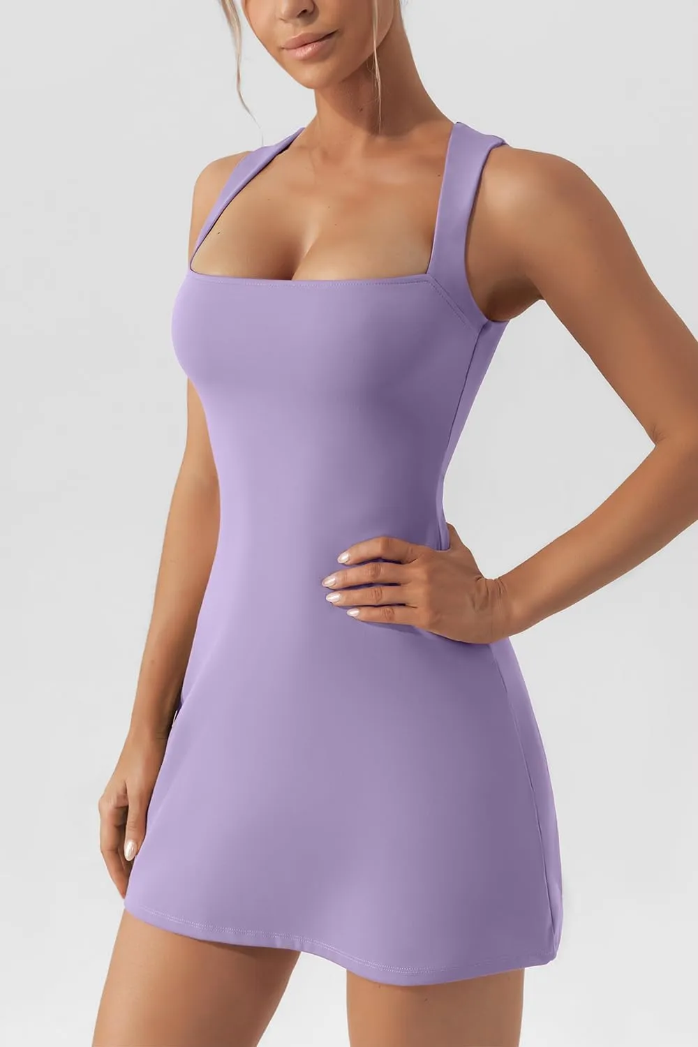 QINSEN Women's Square Neck Bodice Dress Sleeveless Tank Top Stretch Flare Mini Dresses