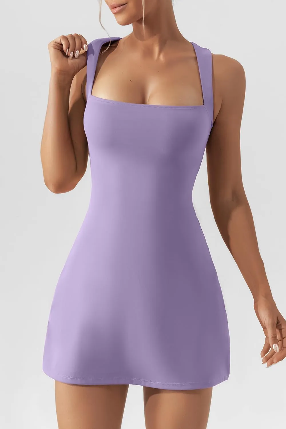 QINSEN Women's Square Neck Bodice Dress Sleeveless Tank Top Stretch Flare Mini Dresses
