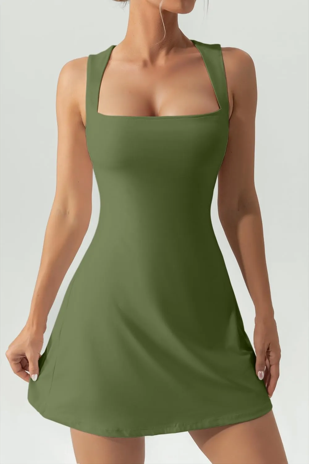 QINSEN Women's Square Neck Bodice Dress Sleeveless Tank Top Stretch Flare Mini Dresses