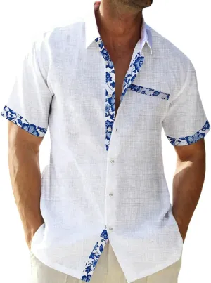 QIVICIMA Men's Hawaiian Shirt Linen Short Sleeve White Pink Sky Blue Button Down Shirt Casual Print Shirts
