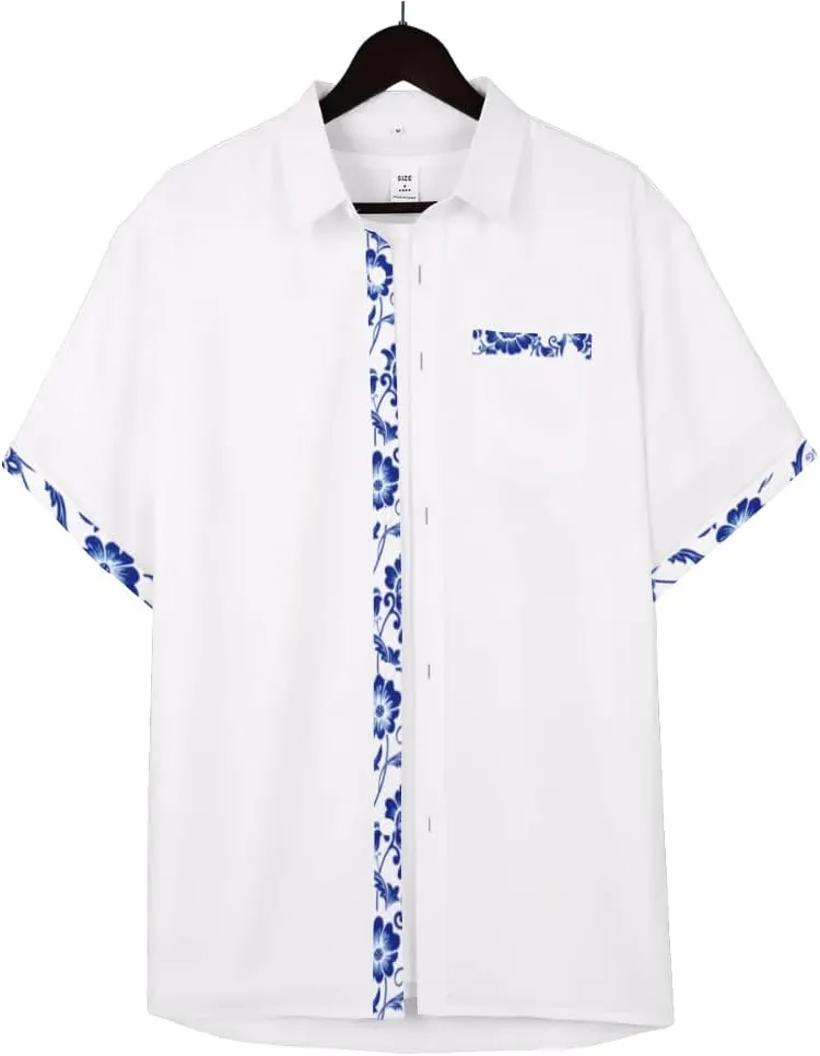 QIVICIMA Men's Hawaiian Shirt Linen Short Sleeve White Pink Sky Blue Button Down Shirt Casual Print Shirts