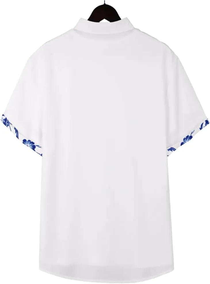QIVICIMA Men's Hawaiian Shirt Linen Short Sleeve White Pink Sky Blue Button Down Shirt Casual Print Shirts