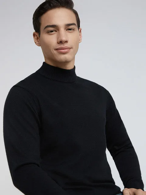 Raymond Men Black Solid Contemporary Fit Wool Blend Sweater