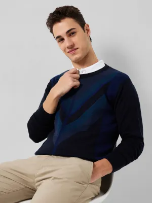 Raymond Men Blue Intarsia Wool Blend Sweaters