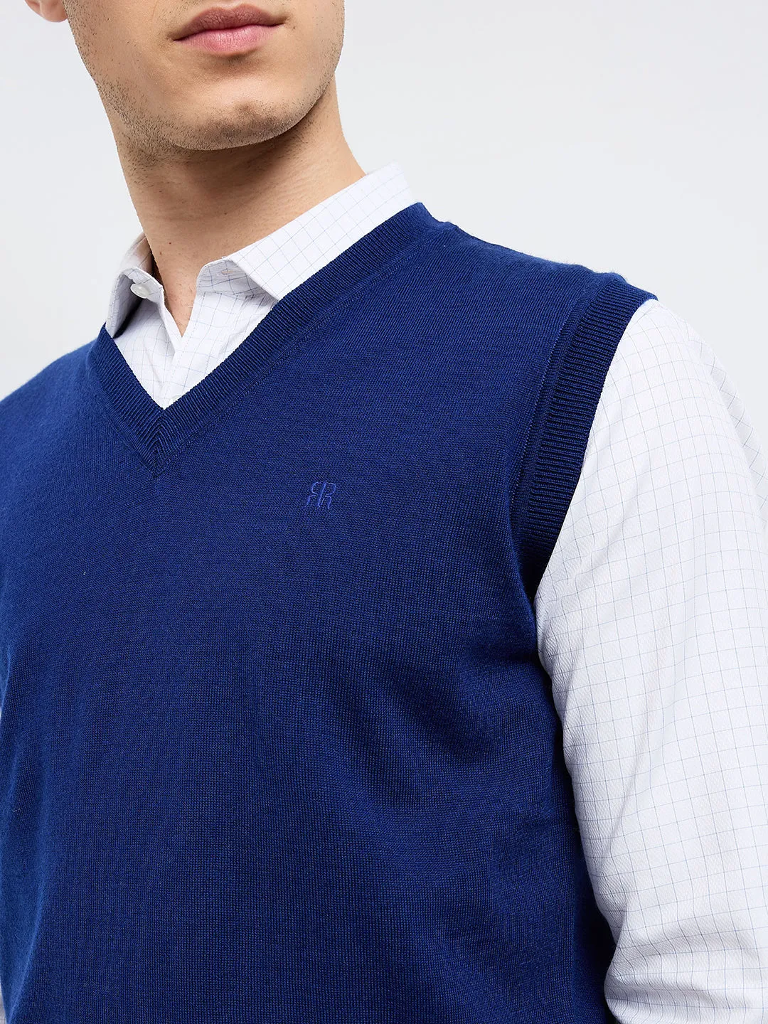 Raymond Men Blue Solid Wool Blend Sweaters