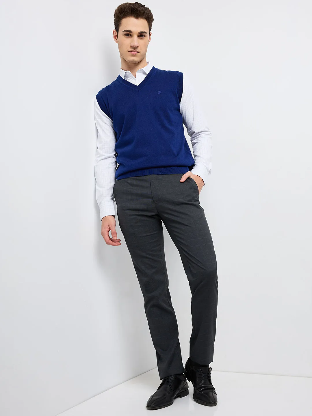 Raymond Men Blue Solid Wool Blend Sweaters