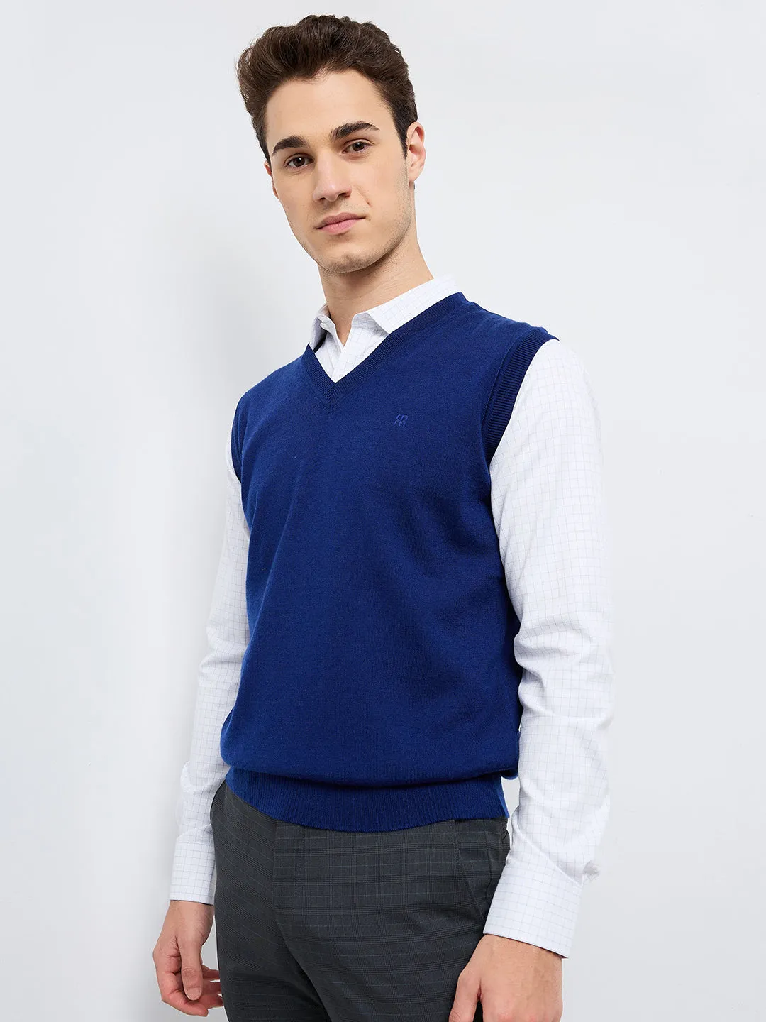 Raymond Men Blue Solid Wool Blend Sweaters