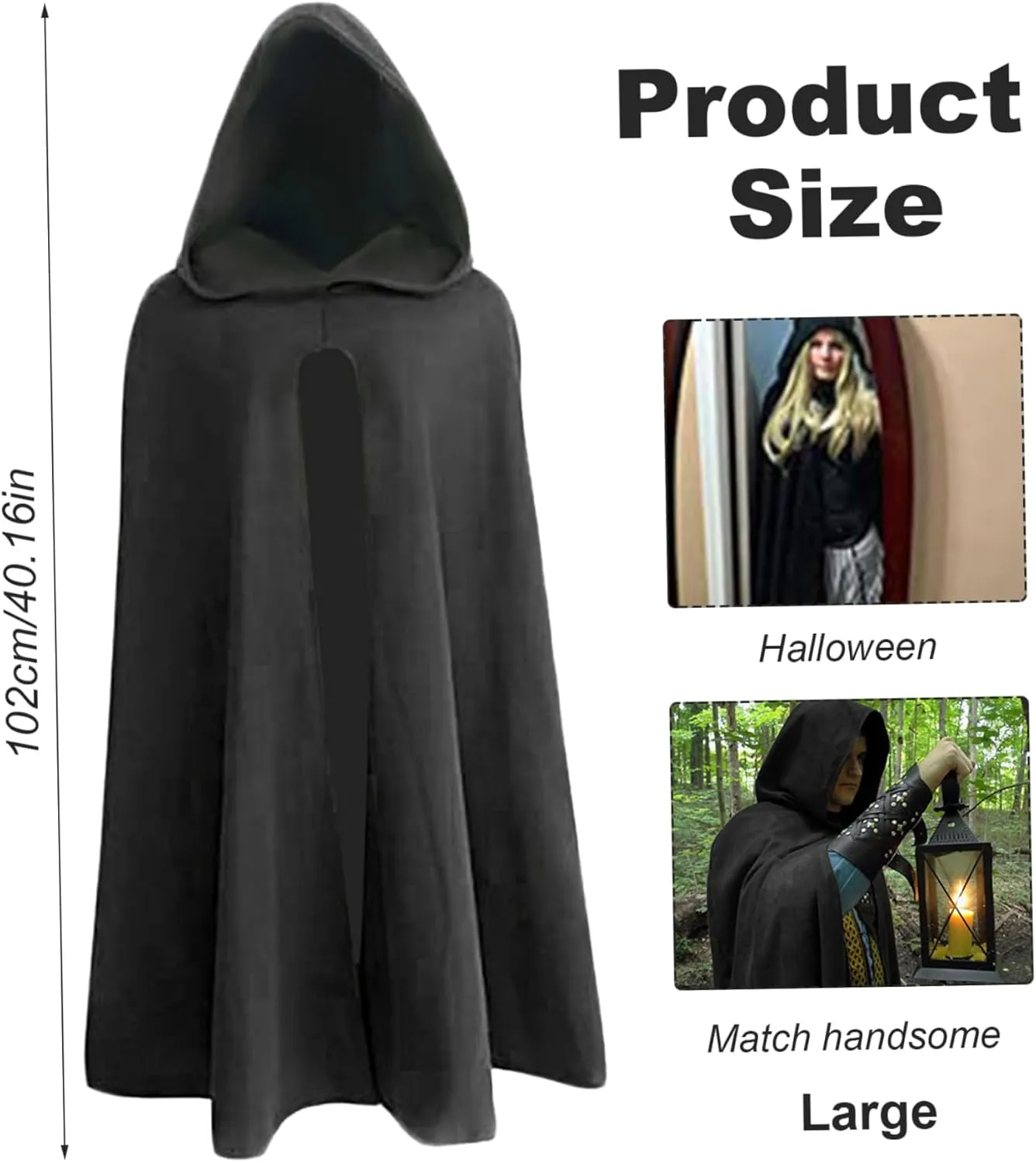 Renaissance Cloak 40.1'' Long Black Polyester Hooded Cloak Soft Breathable Pullover Retro Medieval Cloak for Halloween Hobbit Viking Cosplay Costumes, Lagre Hooded Cloak