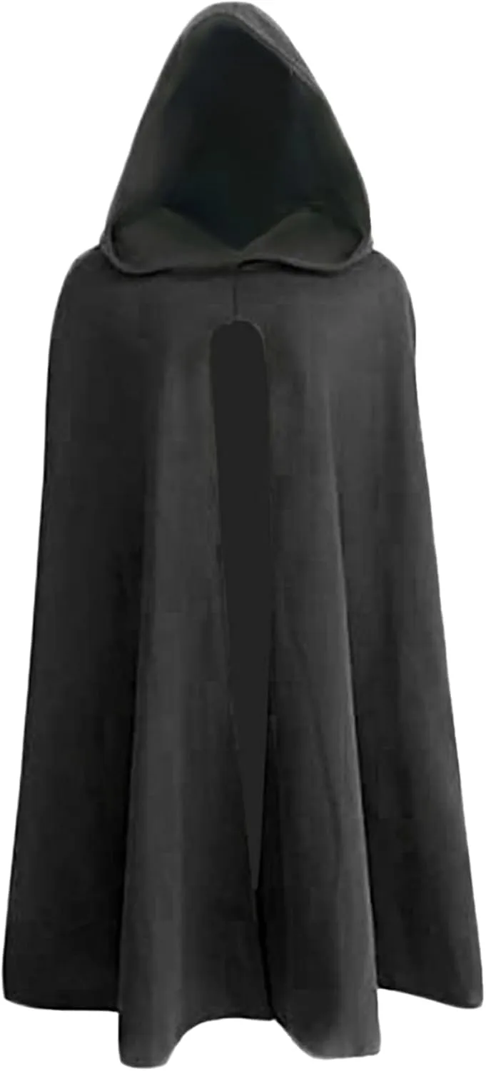 Renaissance Cloak 40.1'' Long Black Polyester Hooded Cloak Soft Breathable Pullover Retro Medieval Cloak for Halloween Hobbit Viking Cosplay Costumes, Lagre Hooded Cloak