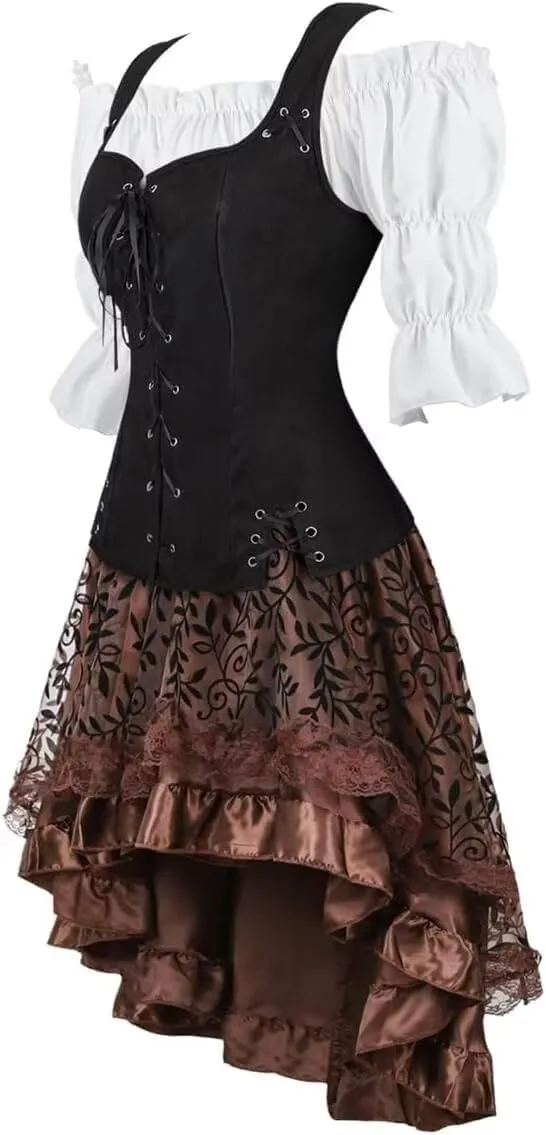 Renaissance Costume Women Set Pirate Vest Shirt Medieval Dress Peasant Tops Irish Dress