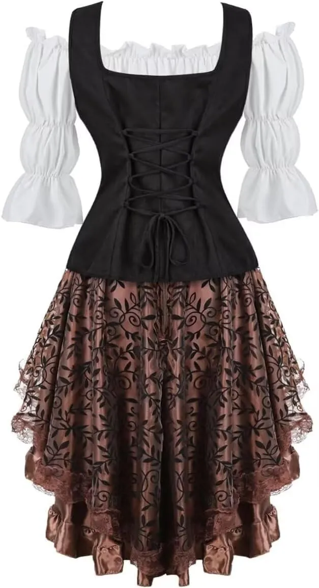 Renaissance Costume Women Set Pirate Vest Shirt Medieval Dress Peasant Tops Irish Dress