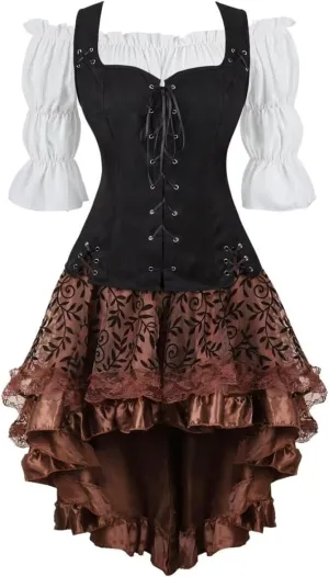 Renaissance Costume Women Set Pirate Vest Shirt Medieval Dress Peasant Tops Irish Dress