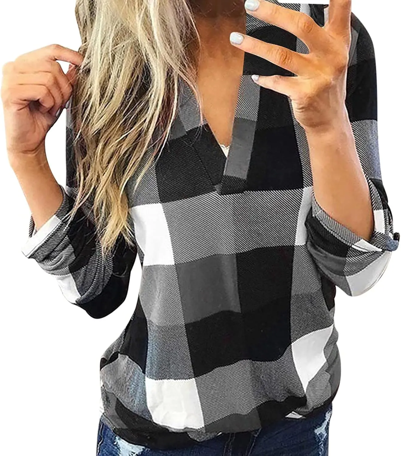 RMXEi Wearable Blanket Hoodie,Women Casual Cotton Long Sleeve Plaid Shirt Women's Slim Jacket Shirt Top