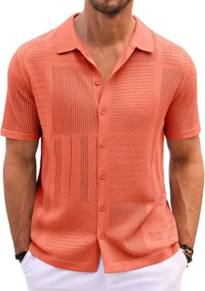 Runcati Mens Knit Button Down Shirt Casual Short Sleeve Cotton Polo Shirt Hollow Out Summer Beach Tops