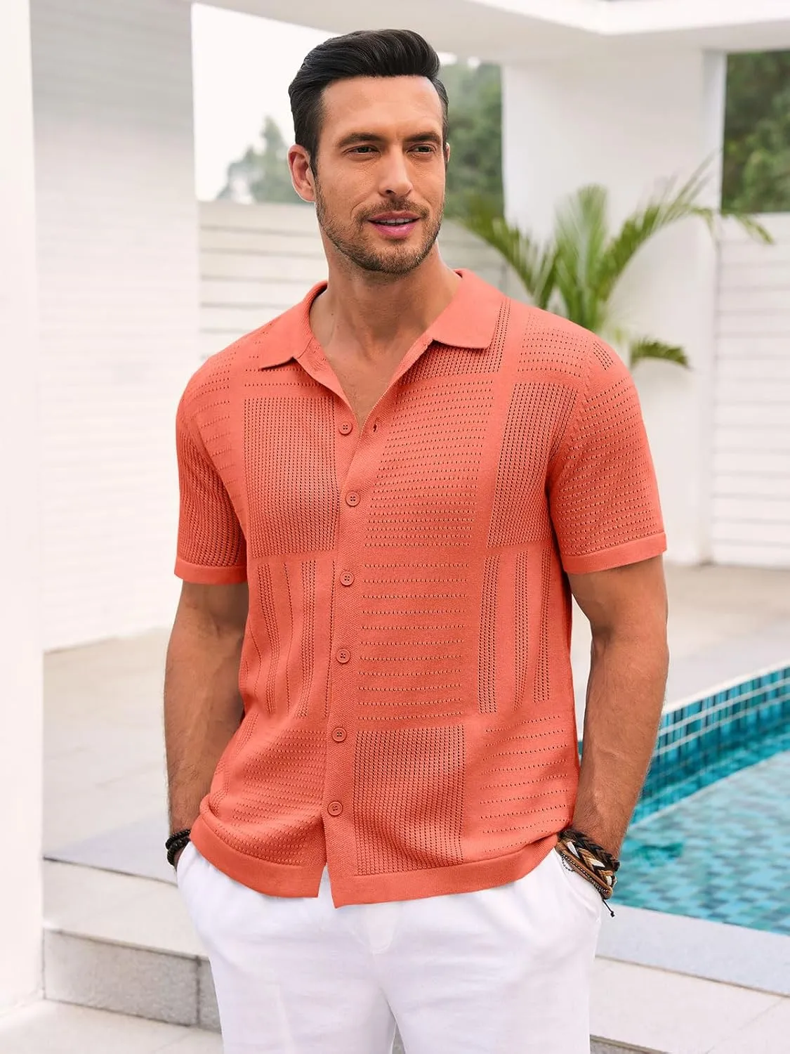 Runcati Mens Knit Button Down Shirt Casual Short Sleeve Cotton Polo Shirt Hollow Out Summer Beach Tops