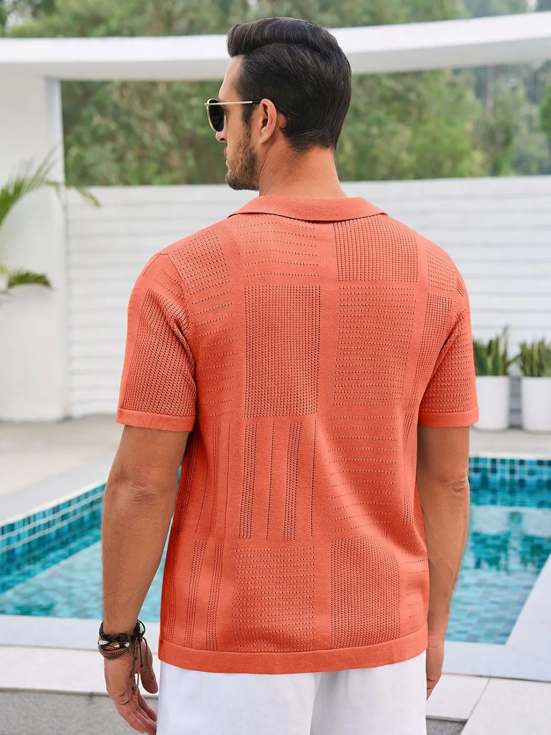 Runcati Mens Knit Button Down Shirt Casual Short Sleeve Cotton Polo Shirt Hollow Out Summer Beach Tops
