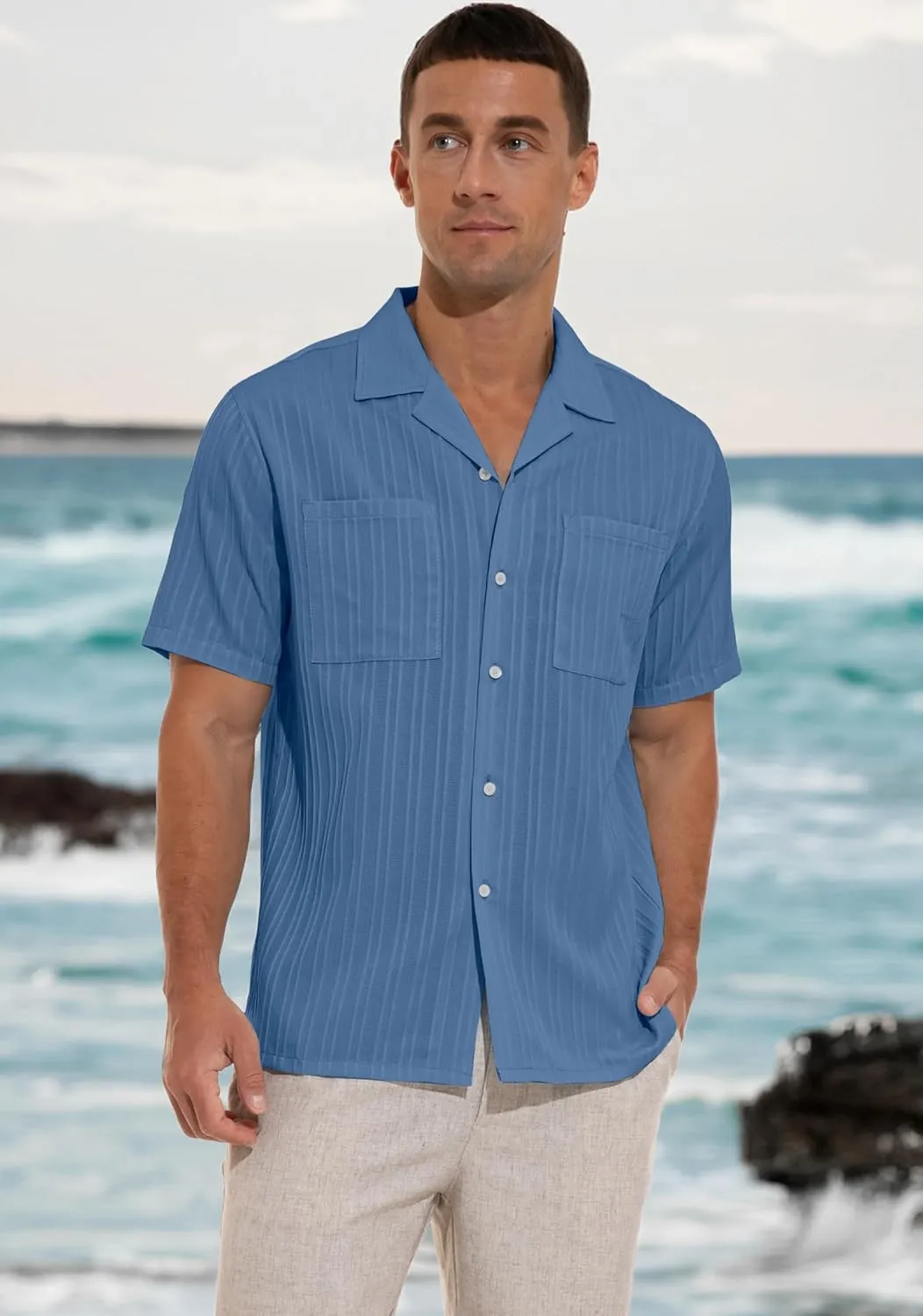 Sailwind Men's Short Sleeve Cuban Guayabera Shirt Relaxed Fit Shirt Casual Summer Beach Button Down Shirts