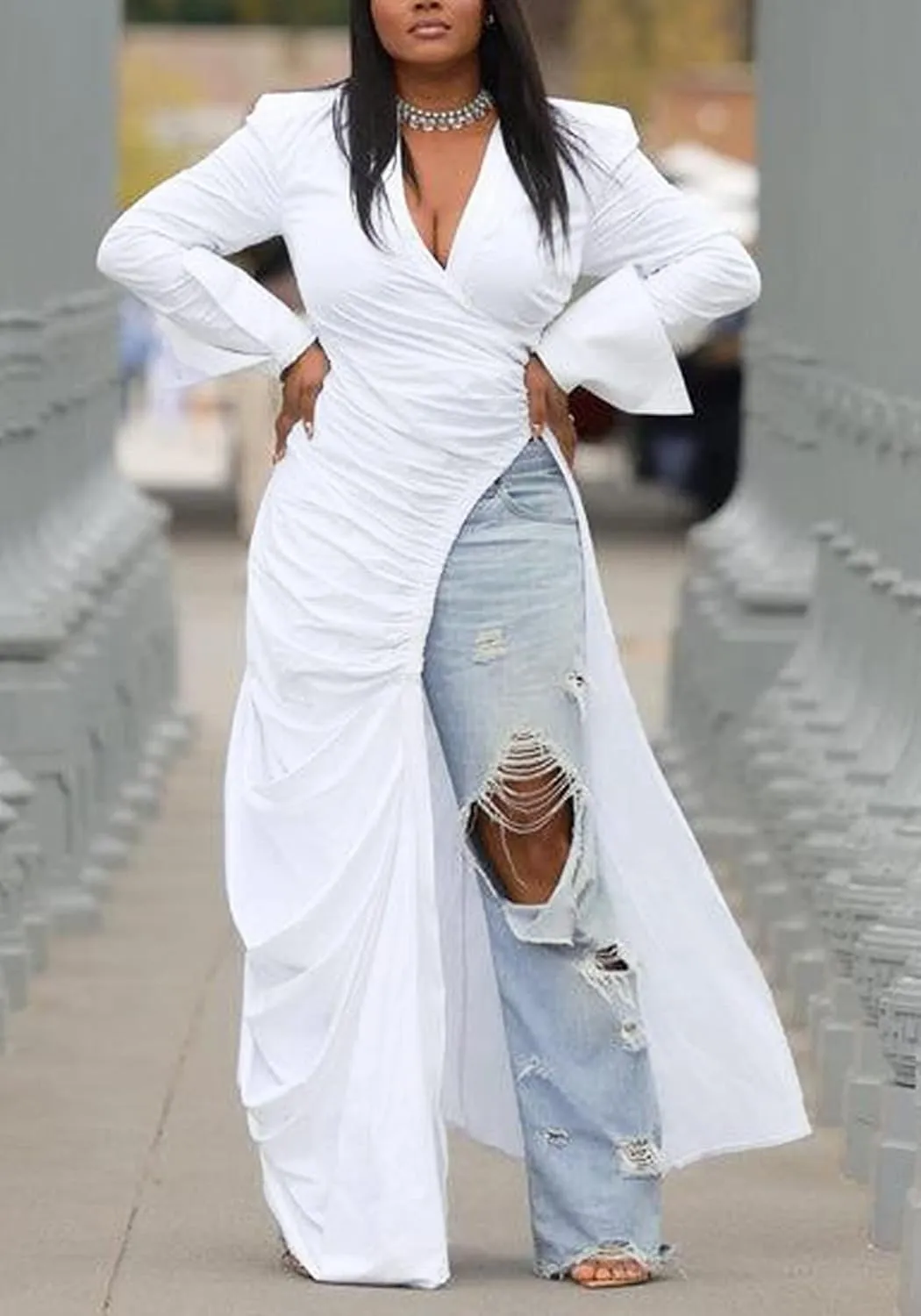 Seltaon Sexy Shirt Dresses for Women High Low Asymmetrical Tops Long Sleeve T Shirt Dress